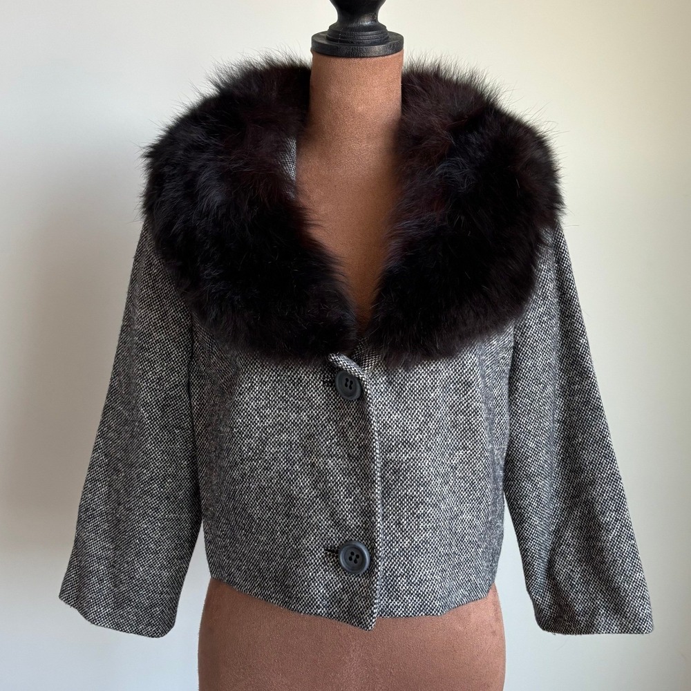 Vintage 1960s Joseph Magnin Tweed Jacket S/M Fur Collar Wool Crop Blazer 60s Mod